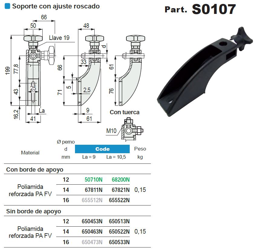 Soporte para barandilla PA FV, con pomo, para varilla de 12 mm. (hueco de 9 mm.) - Part. 107