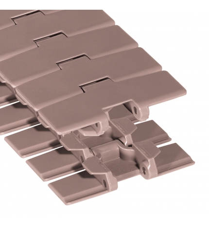 LF880TAB K-325 - Cadena de charnela curva con tabs en acetal marrón (LF), ancho de platillo: 82,5 mm., paso: 38,1 mm.