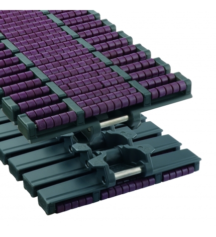 HDF1000LBP - Cadena de charnela curva con tabs MCC, bisagra reforzada, con rodillos de acumulación de bajo ruido, ancho de platillo: 254 mm., paso: 38,1 mm.